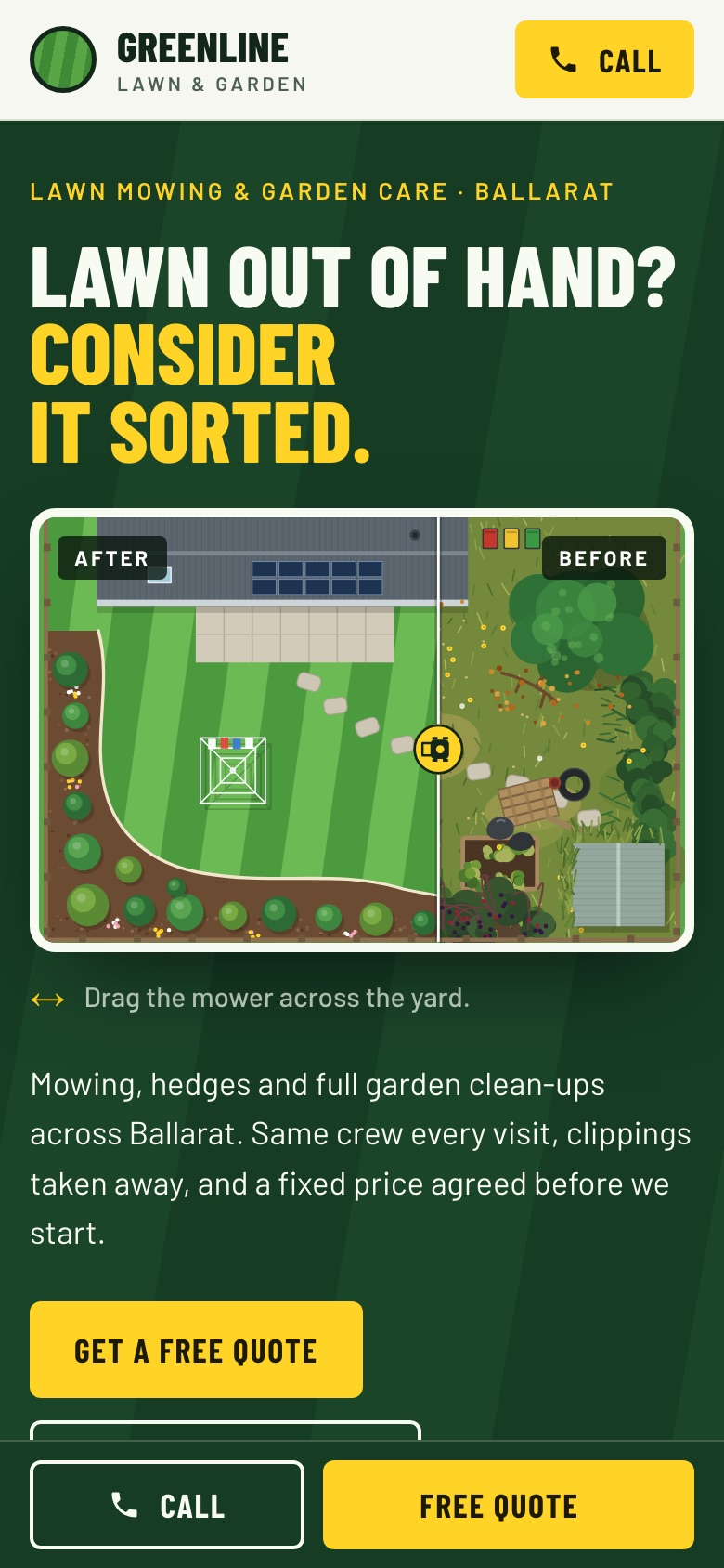 Greenline Lawn & Garden website on a phone